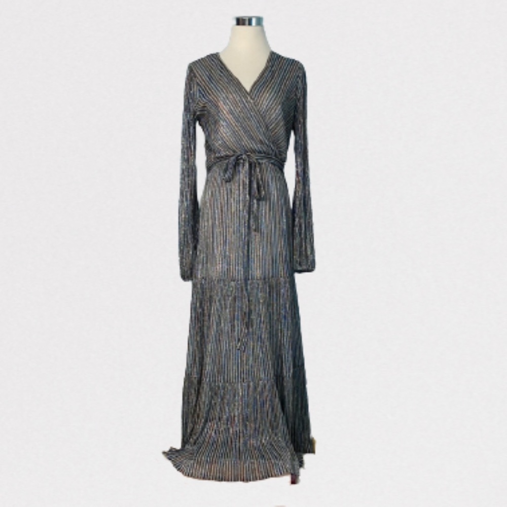 June & Hudson Metallic Tiered Maxi Party Dress